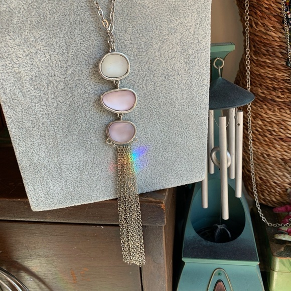 Nice Long Silver Tone Necklace Frosted Stones - Picture 4 of 10